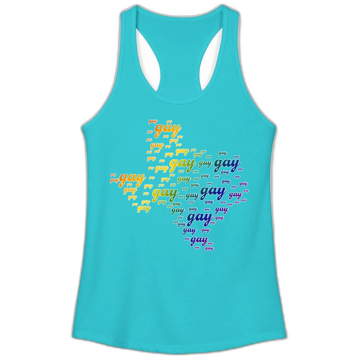 Gay pride word cloud design with 'gay' text repeated in rainbow gradient colors from orange to purple, arranged in a map-like shape in Solid Tahiti Blue