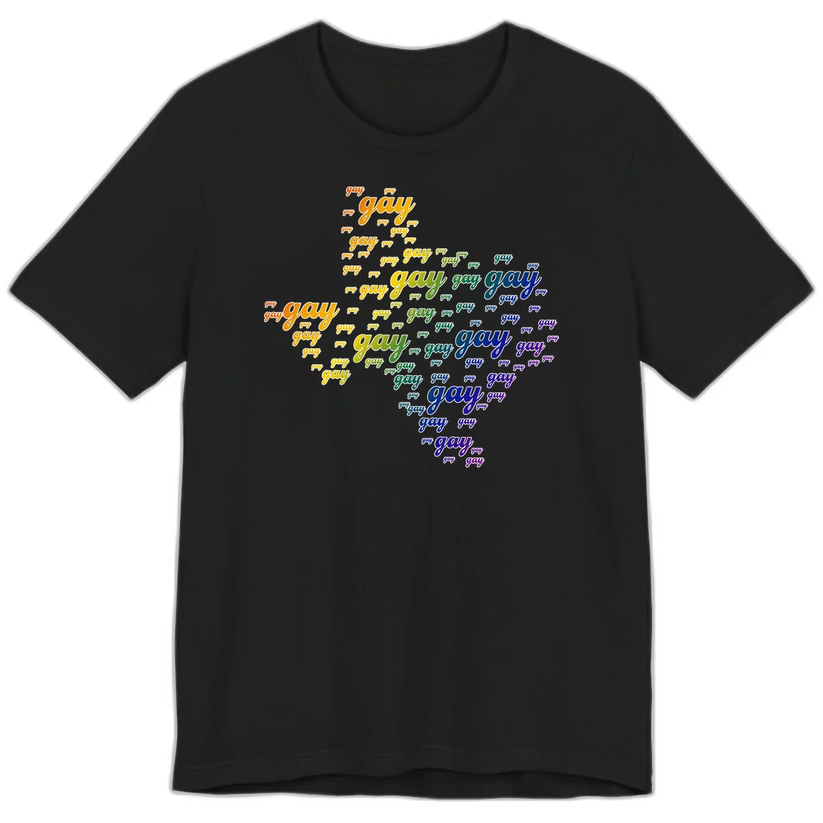 Gay pride word cloud design with 'gay' text repeated in rainbow gradient colors from orange to purple, arranged in a map-like shape in Black
