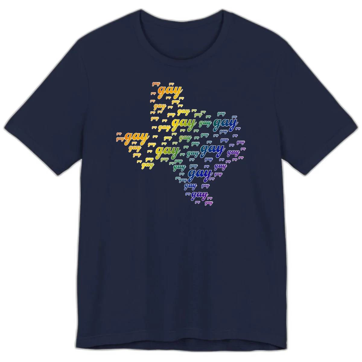 Gay pride word cloud design with 'gay' text repeated in rainbow gradient colors from orange to purple, arranged in a map-like shape in Navy