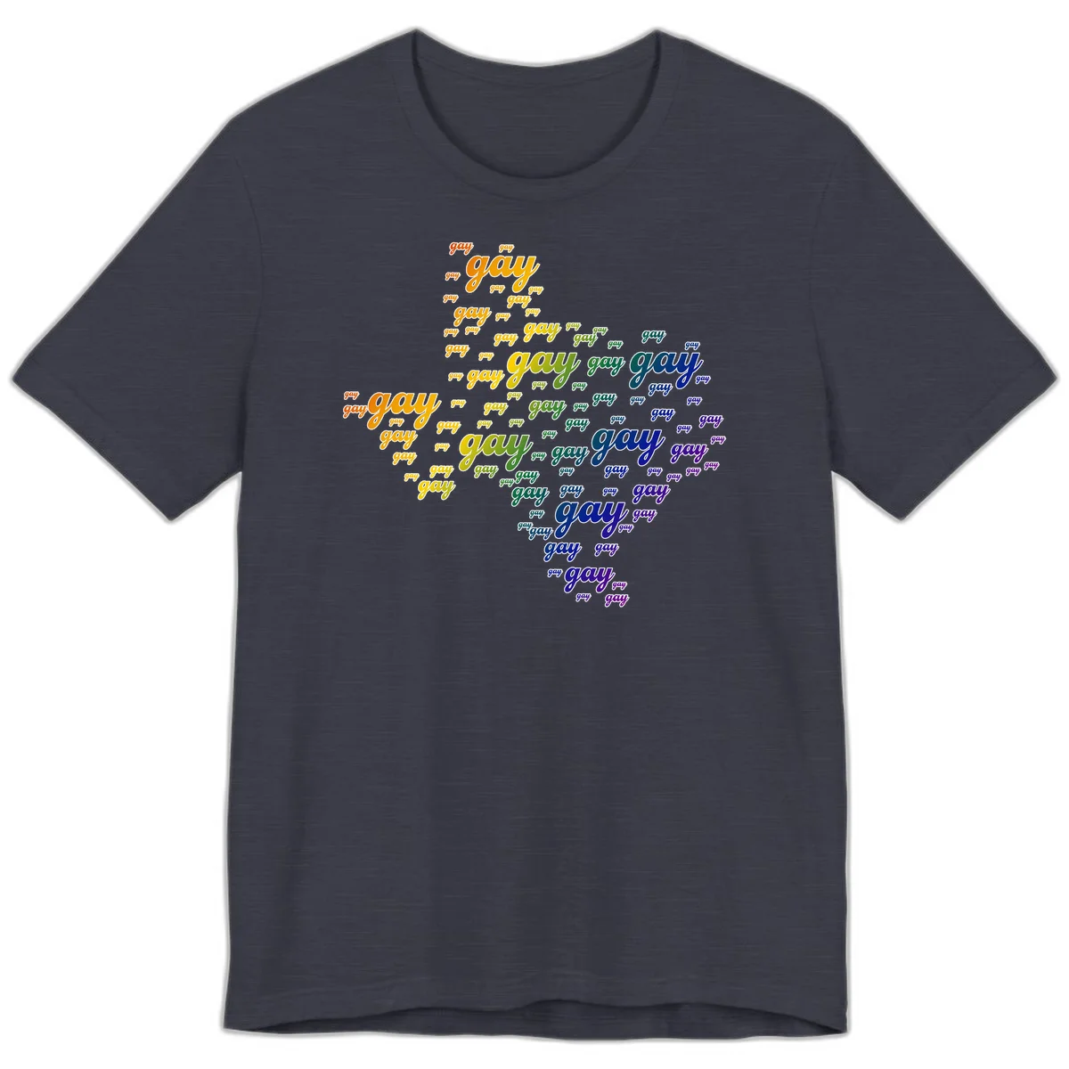 Gay pride word cloud design with 'gay' text repeated in rainbow gradient colors from orange to purple, arranged in a map-like shape in Heather Midnight Navy