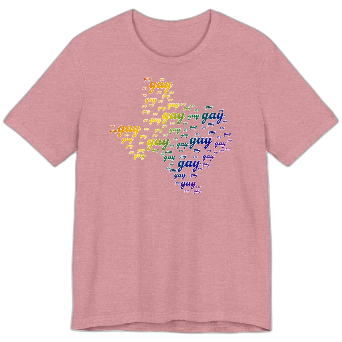 Gay pride word cloud design with 'gay' text repeated in rainbow gradient colors from orange to purple, arranged in a map-like shape in Heather Orchid