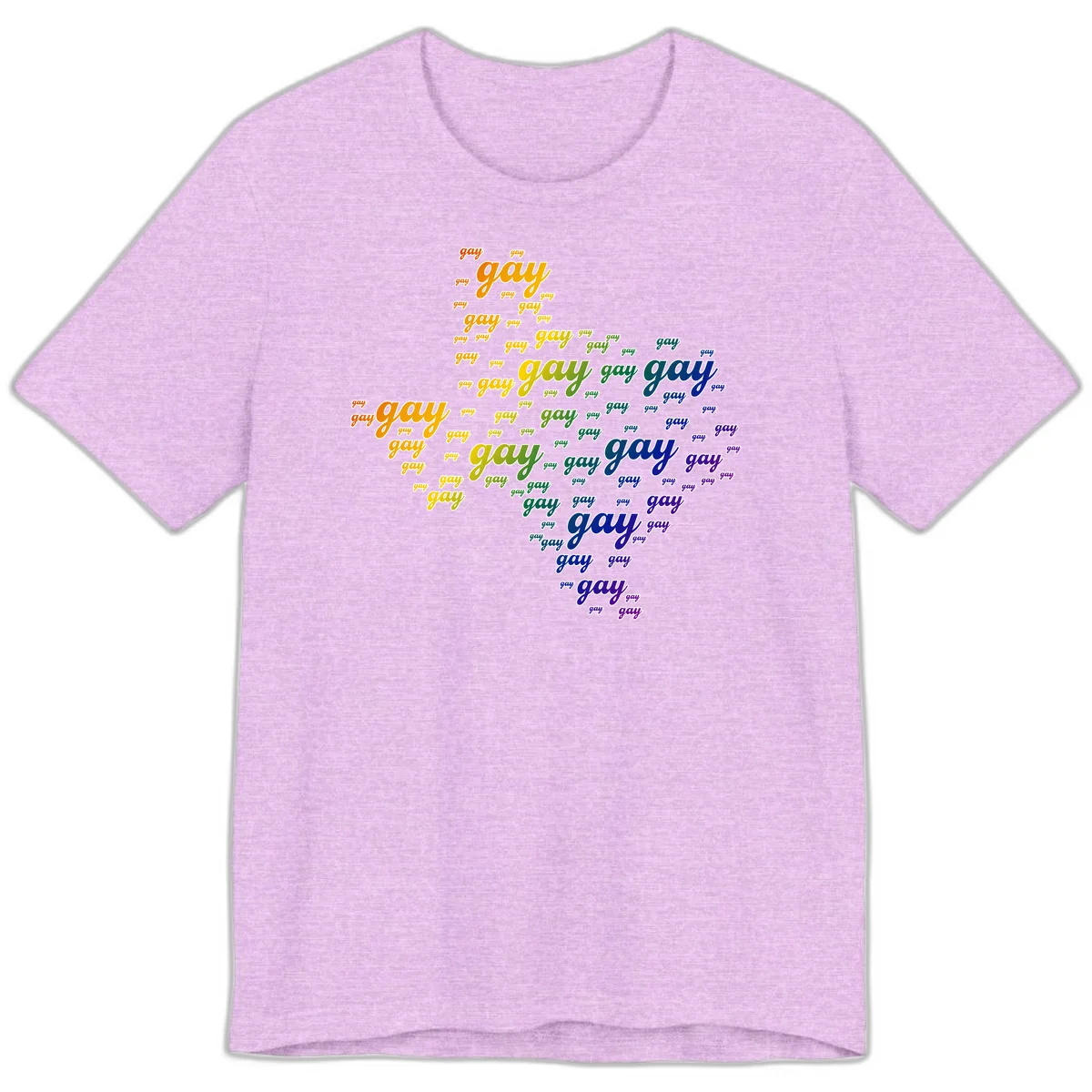 Gay pride word cloud design with 'gay' text repeated in rainbow gradient colors from orange to purple, arranged in a map-like shape in Heather Prism Lilac