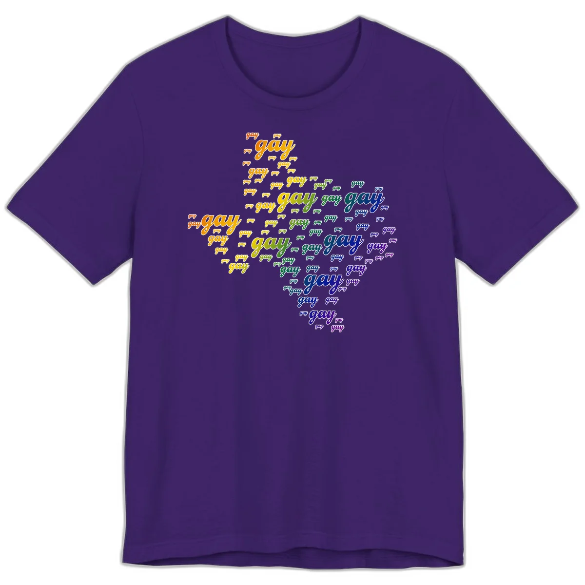 Gay pride word cloud design with 'gay' text repeated in rainbow gradient colors from orange to purple, arranged in a map-like shape in Team Purple