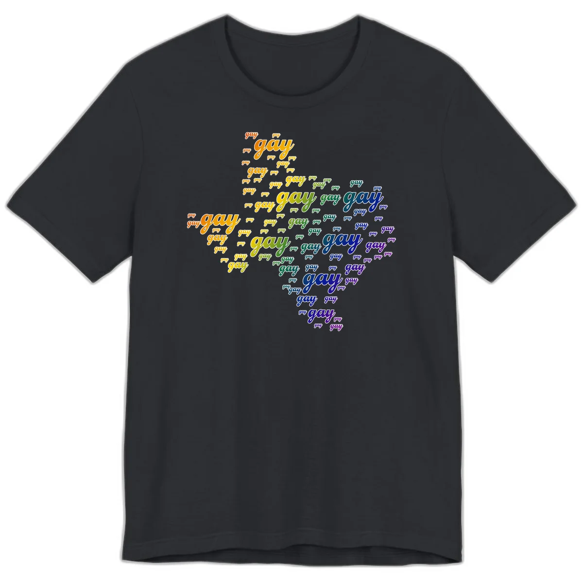 Gay pride word cloud design with 'gay' text repeated in rainbow gradient colors from orange to purple, arranged in a map-like shape in Vintage Black