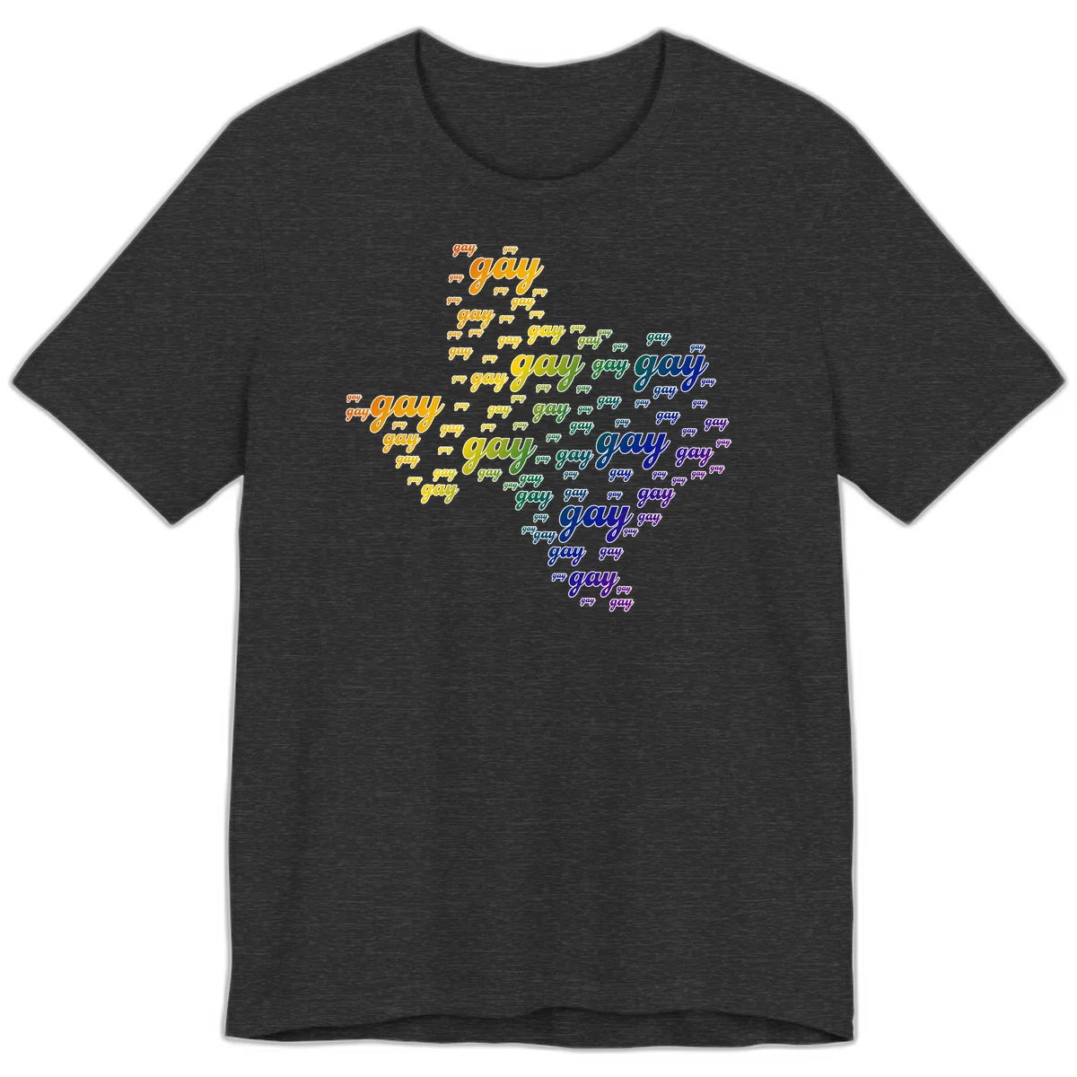 Gay pride word cloud design with 'gay' text repeated in rainbow gradient colors from orange to purple, arranged in a map-like shape in Dark Grey Heather