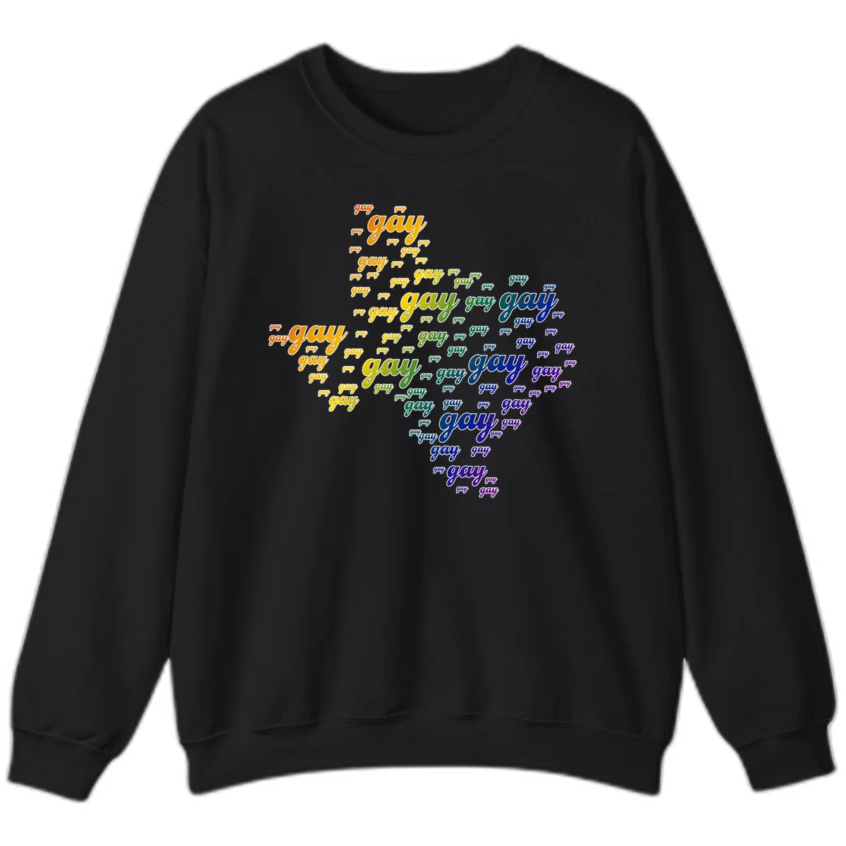 Gay pride word cloud design with 'gay' text repeated in rainbow gradient colors from orange to purple, arranged in a map-like shape in Black