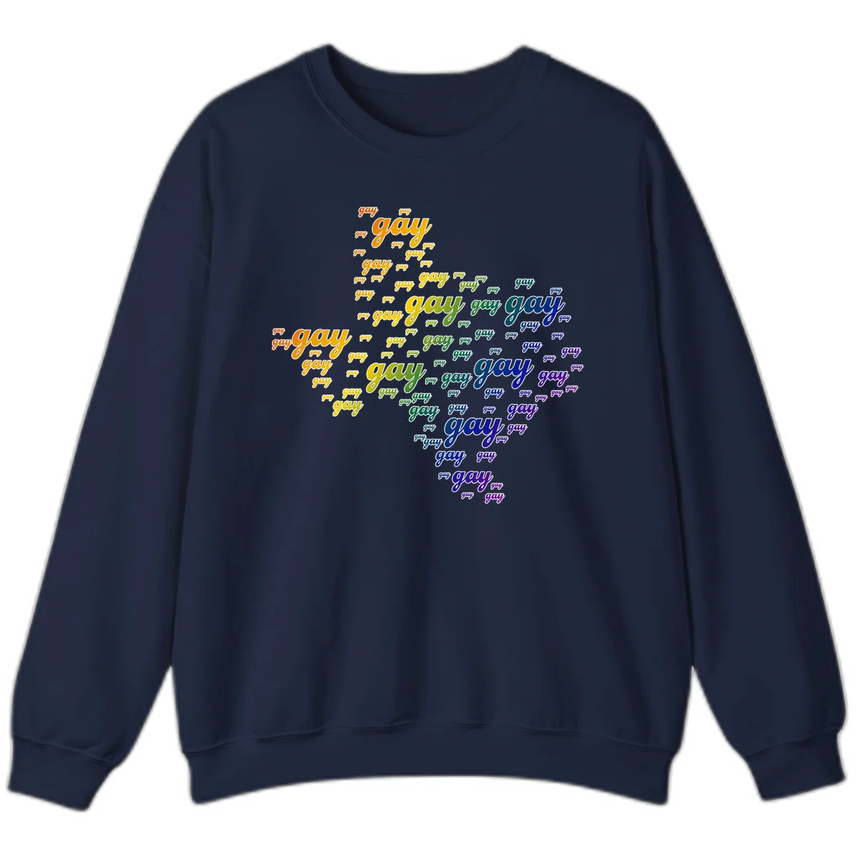 Gay pride word cloud design with 'gay' text repeated in rainbow gradient colors from orange to purple, arranged in a map-like shape in Navy