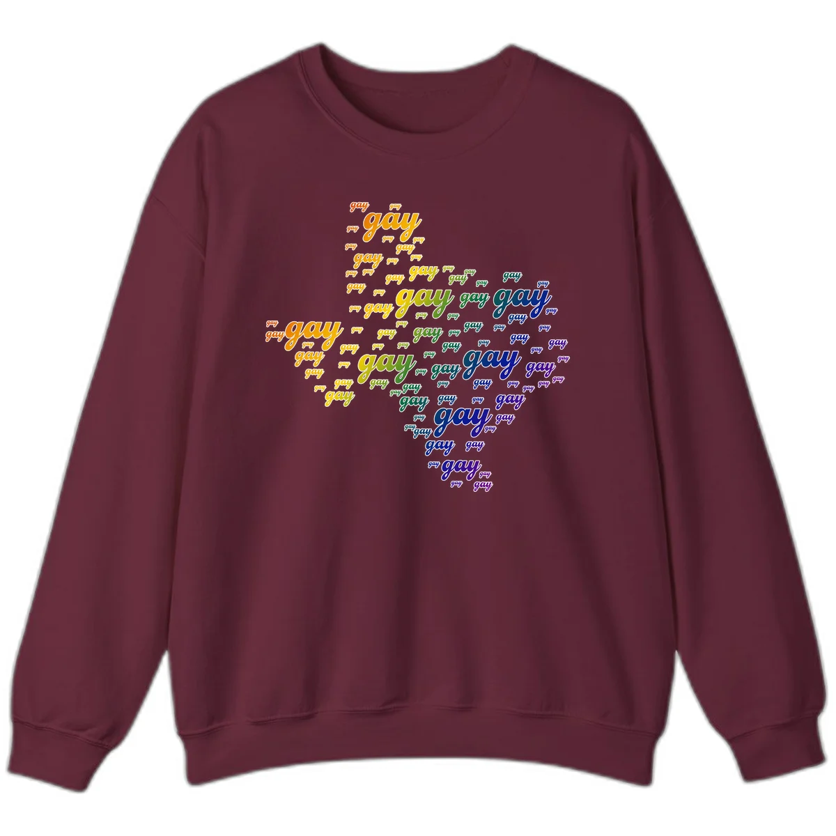 Gay pride word cloud design with 'gay' text repeated in rainbow gradient colors from orange to purple, arranged in a map-like shape in Maroon