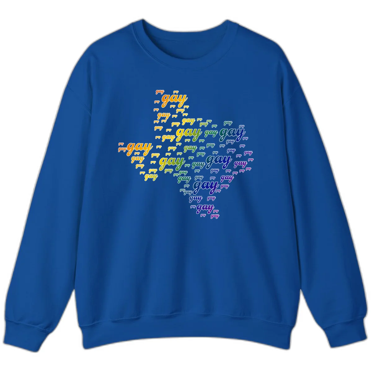 Gay pride word cloud design with 'gay' text repeated in rainbow gradient colors from orange to purple, arranged in a map-like shape in Royal