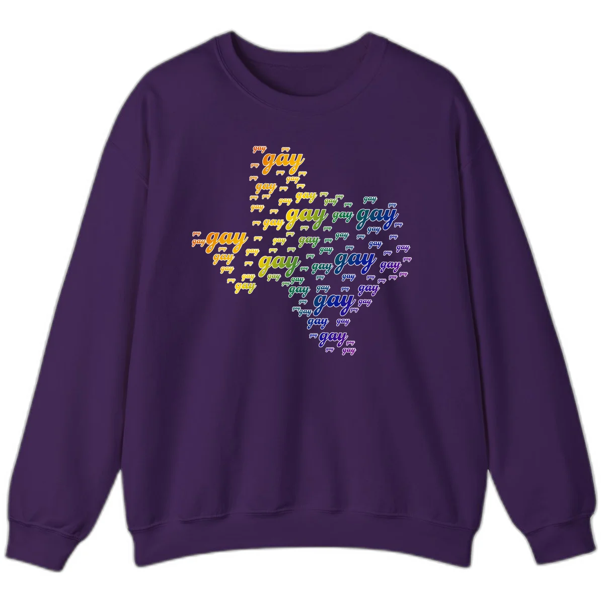 Gay pride word cloud design with 'gay' text repeated in rainbow gradient colors from orange to purple, arranged in a map-like shape in Purple