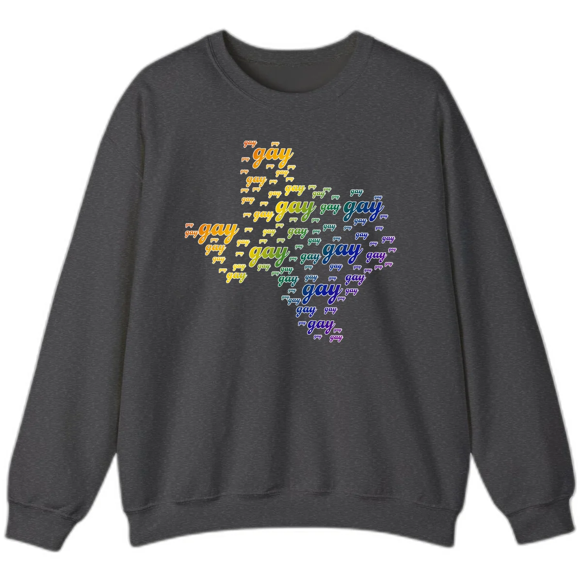 Gay pride word cloud design with 'gay' text repeated in rainbow gradient colors from orange to purple, arranged in a map-like shape in Dark Heather