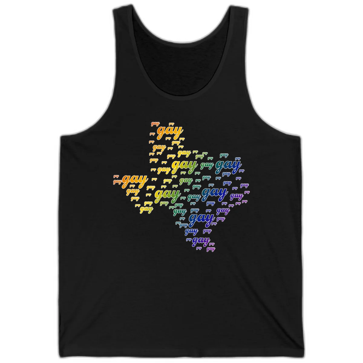 Gay pride word cloud design with 'gay' text repeated in rainbow gradient colors from orange to purple, arranged in a map-like shape in Black