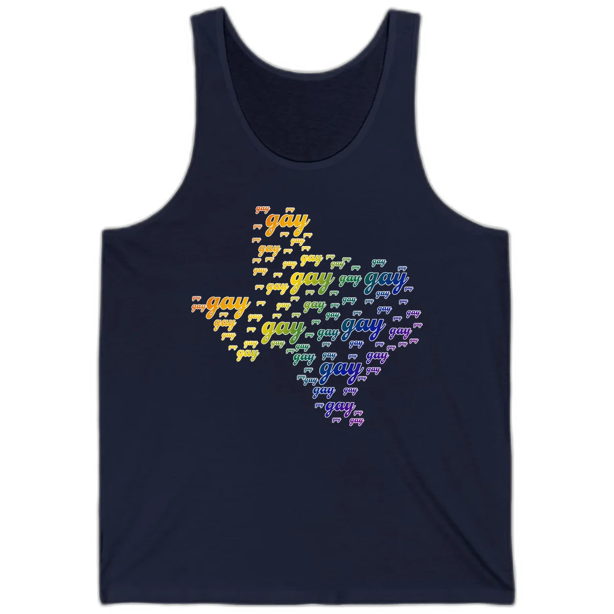 Gay pride word cloud design with 'gay' text repeated in rainbow gradient colors from orange to purple, arranged in a map-like shape in Navy