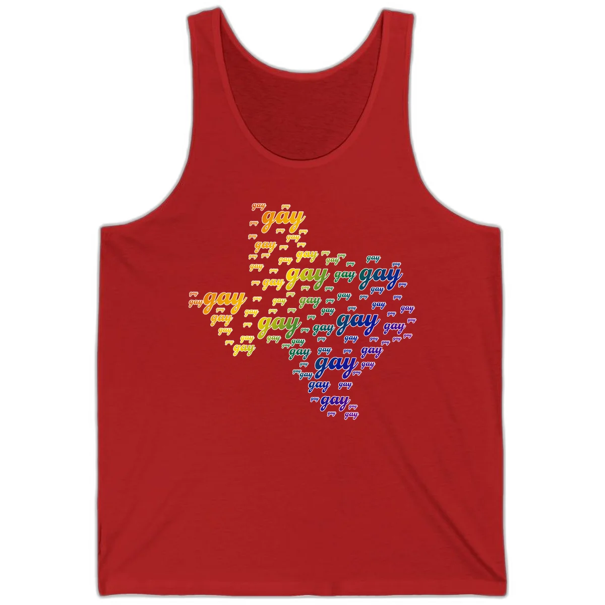 Gay pride word cloud design with 'gay' text repeated in rainbow gradient colors from orange to purple, arranged in a map-like shape in Red