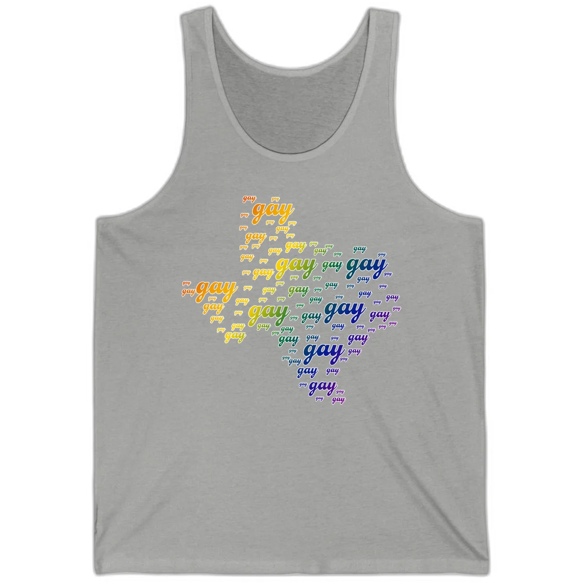 Gay pride word cloud design with 'gay' text repeated in rainbow gradient colors from orange to purple, arranged in a map-like shape in Athletic Heather