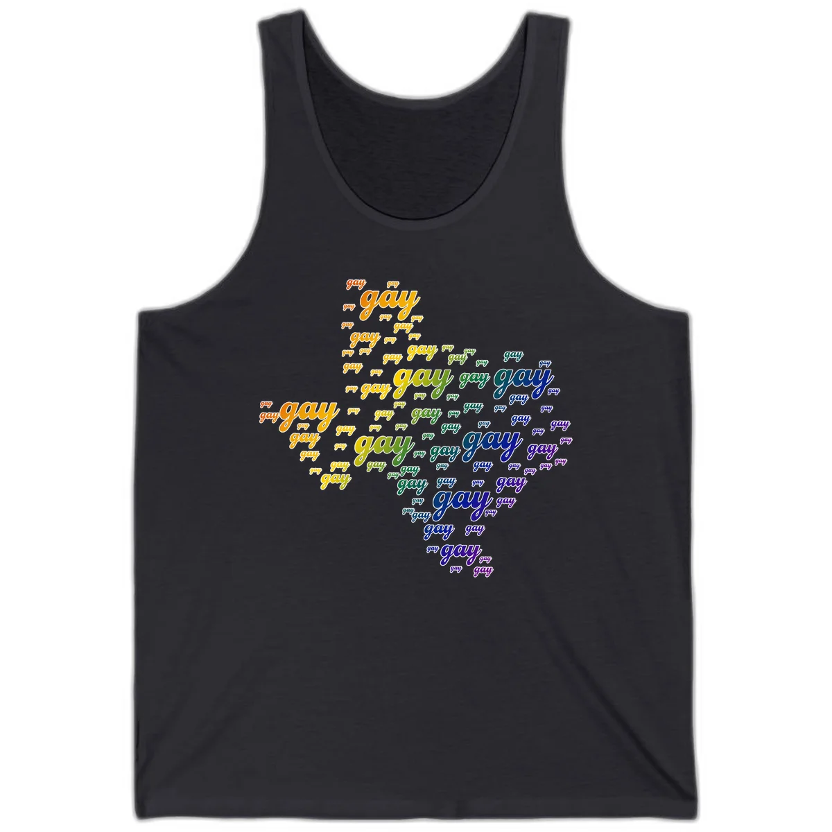 Gay pride word cloud design with 'gay' text repeated in rainbow gradient colors from orange to purple, arranged in a map-like shape in Dark Grey