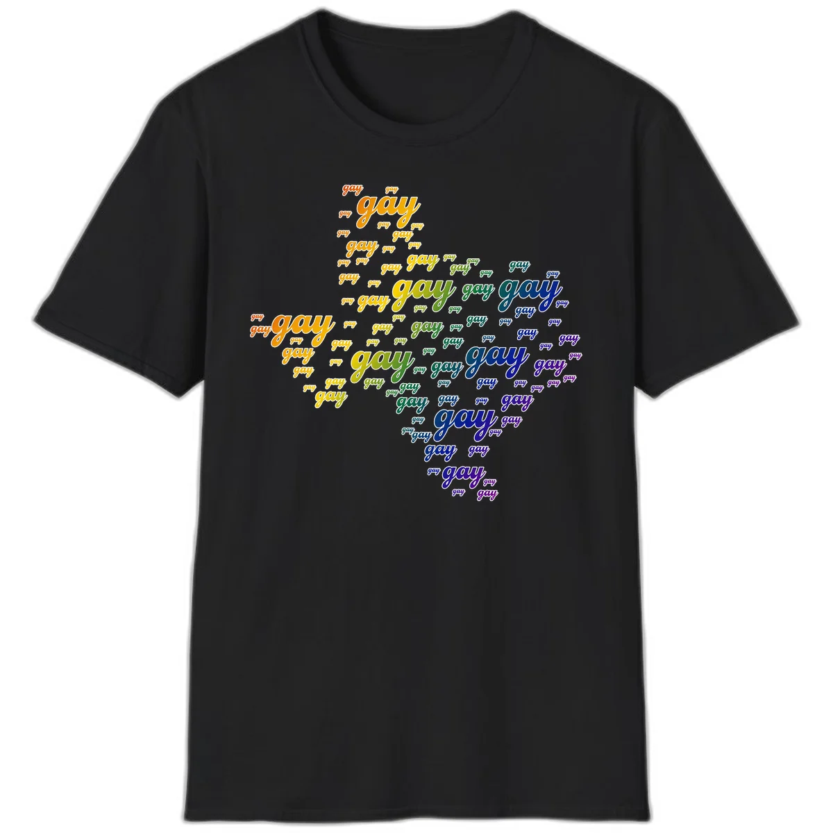 Gay pride word cloud design with 'gay' text repeated in rainbow gradient colors from orange to purple, arranged in a map-like shape in Black