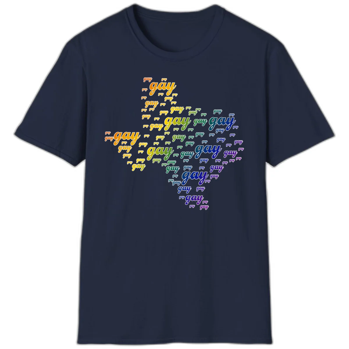 Gay pride word cloud design with 'gay' text repeated in rainbow gradient colors from orange to purple, arranged in a map-like shape in Navy