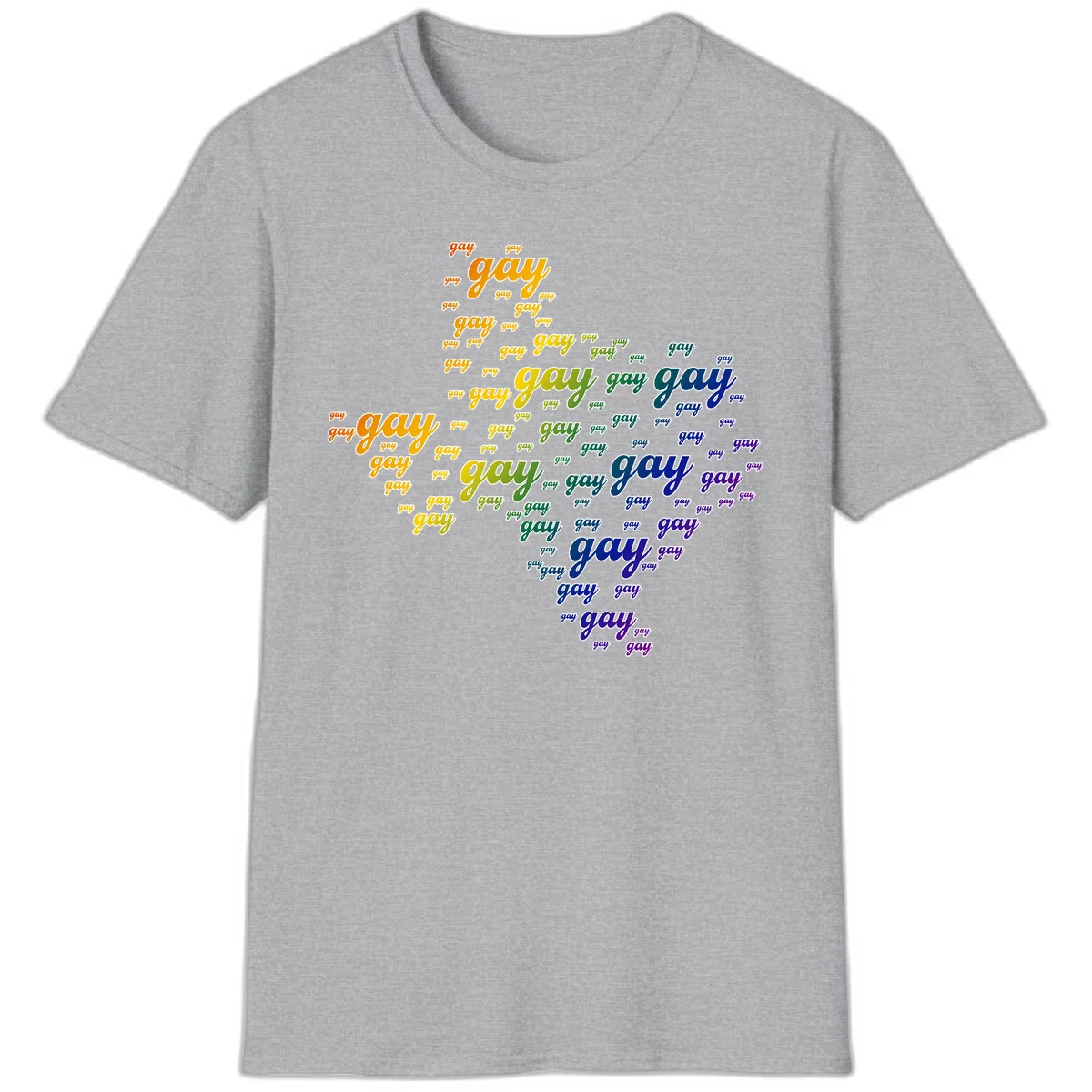 Gay pride word cloud design with 'gay' text repeated in rainbow gradient colors from orange to purple, arranged in a map-like shape in Sport Grey