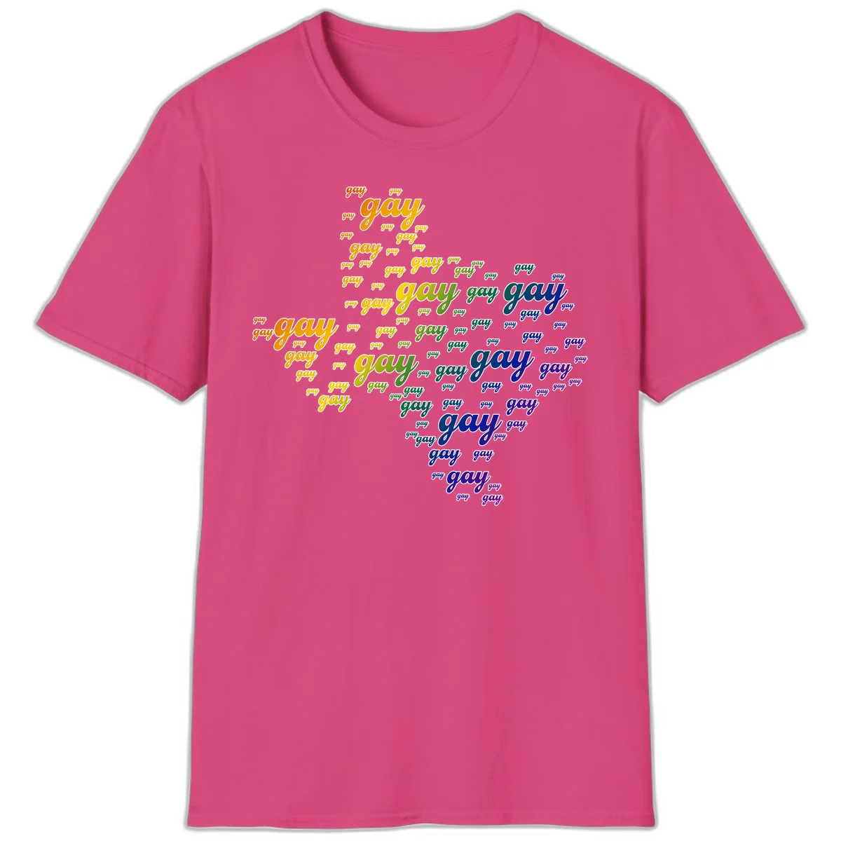 Gay pride word cloud design with 'gay' text repeated in rainbow gradient colors from orange to purple, arranged in a map-like shape in Heliconia