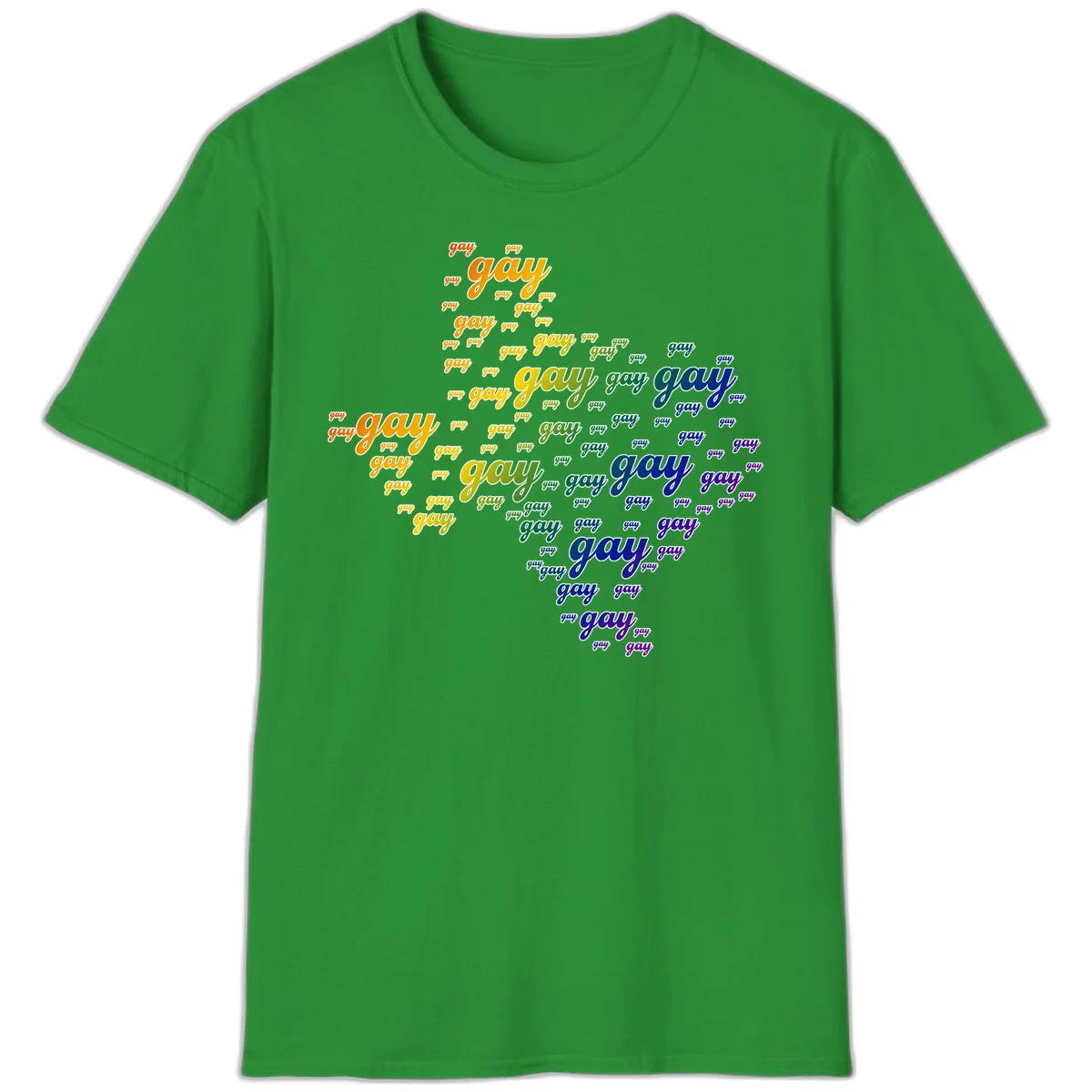 Gay pride word cloud design with 'gay' text repeated in rainbow gradient colors from orange to purple, arranged in a map-like shape in Irish Green