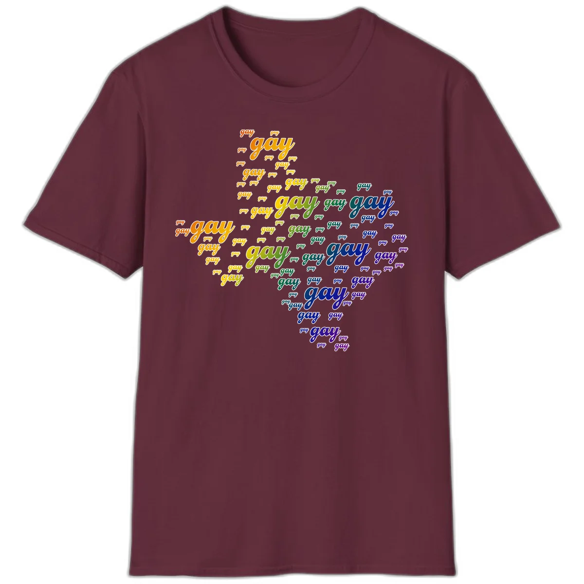 Gay pride word cloud design with 'gay' text repeated in rainbow gradient colors from orange to purple, arranged in a map-like shape in Maroon