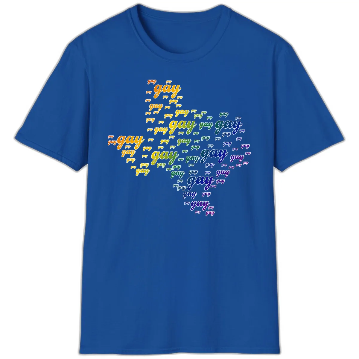Gay pride word cloud design with 'gay' text repeated in rainbow gradient colors from orange to purple, arranged in a map-like shape in Royal