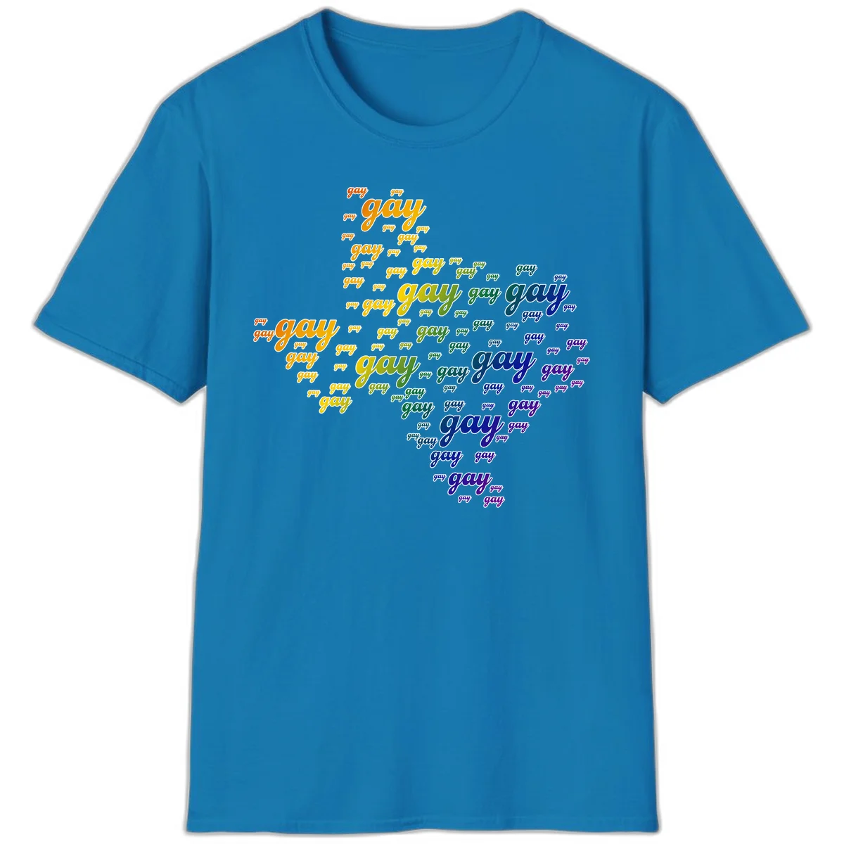 Gay pride word cloud design with 'gay' text repeated in rainbow gradient colors from orange to purple, arranged in a map-like shape in Sapphire