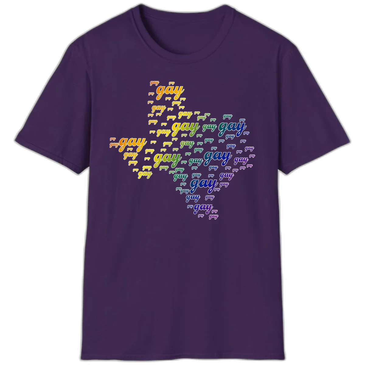 Gay pride word cloud design with 'gay' text repeated in rainbow gradient colors from orange to purple, arranged in a map-like shape in Purple