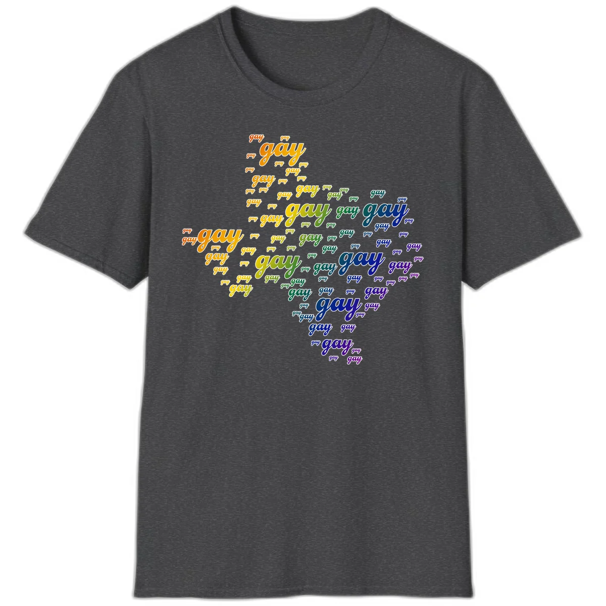 Gay pride word cloud design with 'gay' text repeated in rainbow gradient colors from orange to purple, arranged in a map-like shape in Dark Heather