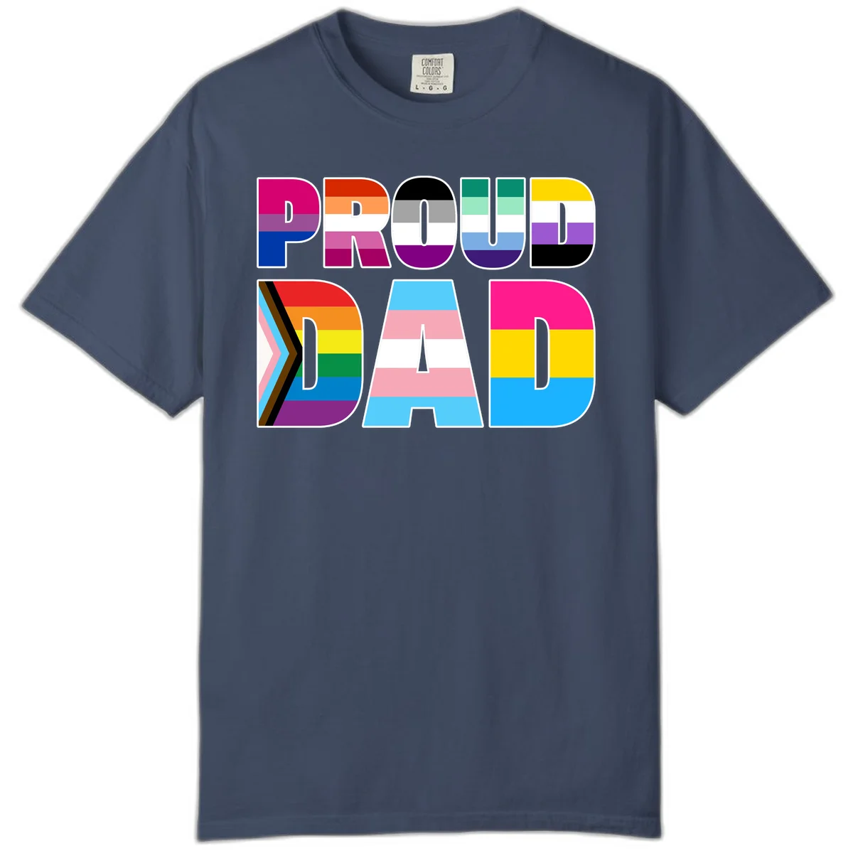 Large colorful letters spelling PROUD DAD filled with LGBTQ+ pride flag stripes including rainbow, trans, intersex, and asexual pride colors in Midnight