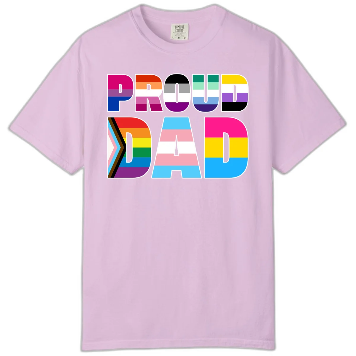 Large colorful letters spelling PROUD DAD filled with LGBTQ+ pride flag stripes including rainbow, trans, intersex, and asexual pride colors in Orchid
