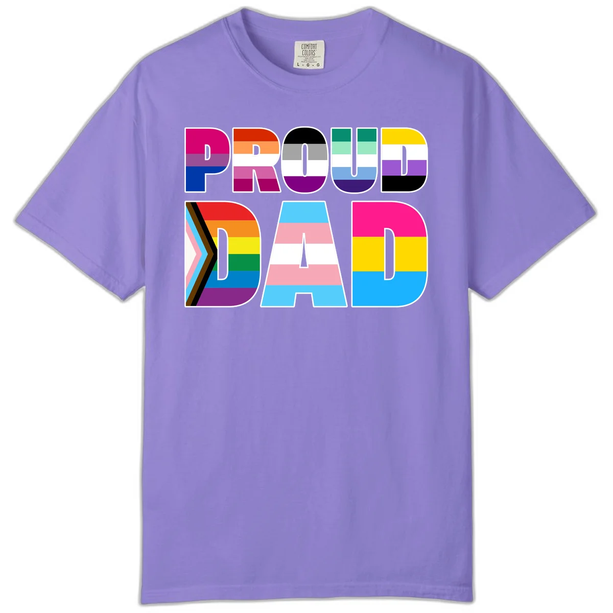 Large colorful letters spelling PROUD DAD filled with LGBTQ+ pride flag stripes including rainbow, trans, intersex, and asexual pride colors in Violet