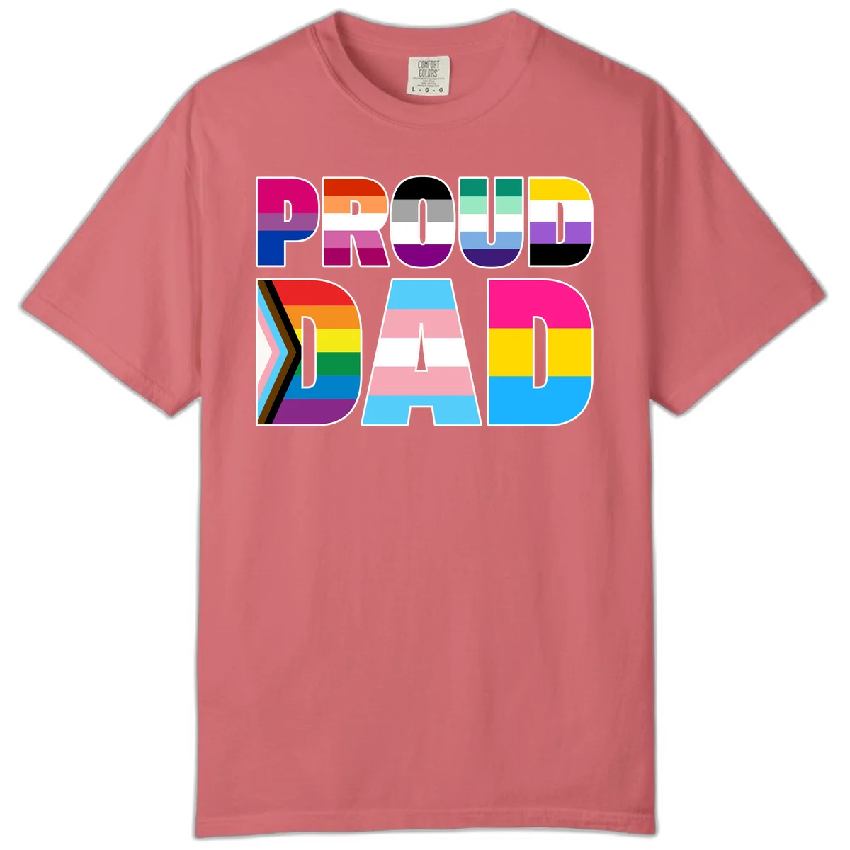 Large colorful letters spelling PROUD DAD filled with LGBTQ+ pride flag stripes including rainbow, trans, intersex, and asexual pride colors in Watermelon