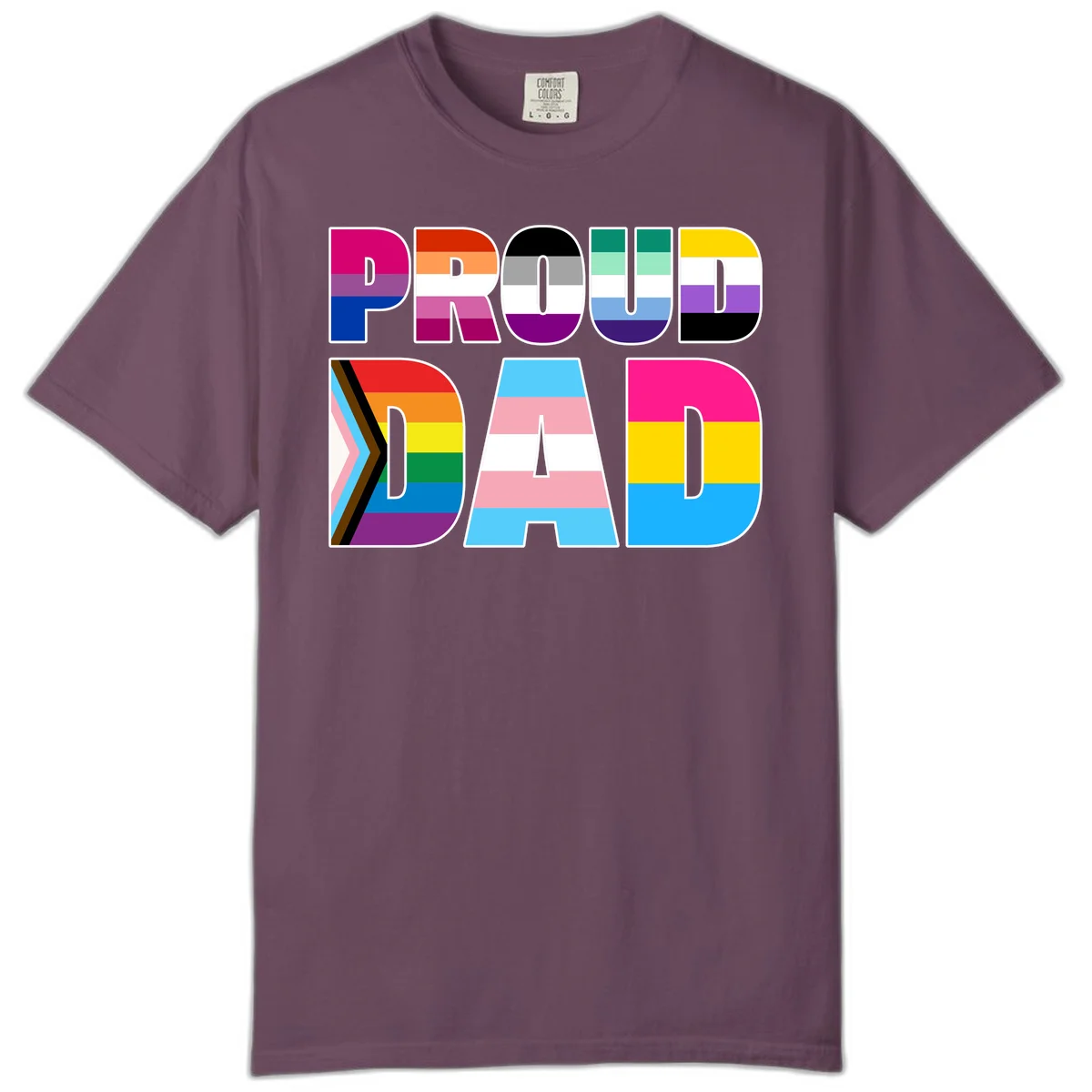 Large colorful letters spelling PROUD DAD filled with LGBTQ+ pride flag stripes including rainbow, trans, intersex, and asexual pride colors in Berry
