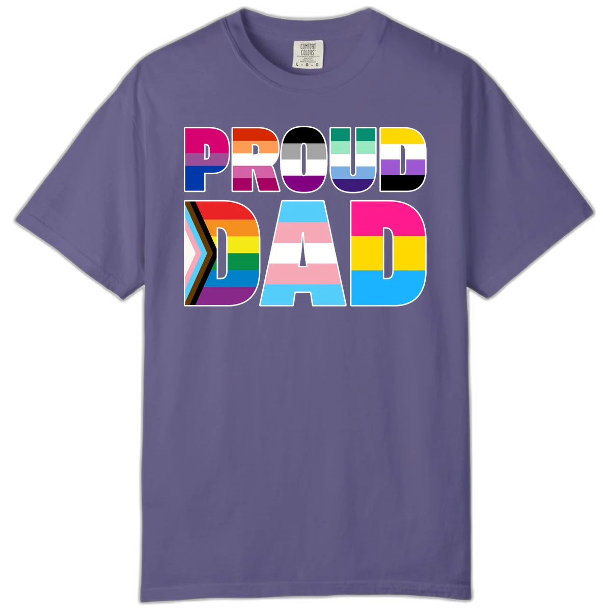 Large colorful letters spelling PROUD DAD filled with LGBTQ+ pride flag stripes including rainbow, trans, intersex, and asexual pride colors in Grape