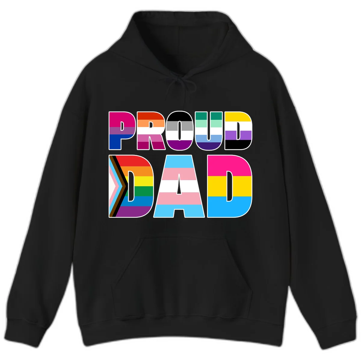 Large colorful letters spelling PROUD DAD filled with LGBTQ+ pride flag stripes including rainbow, trans, intersex, and asexual pride colors in Black