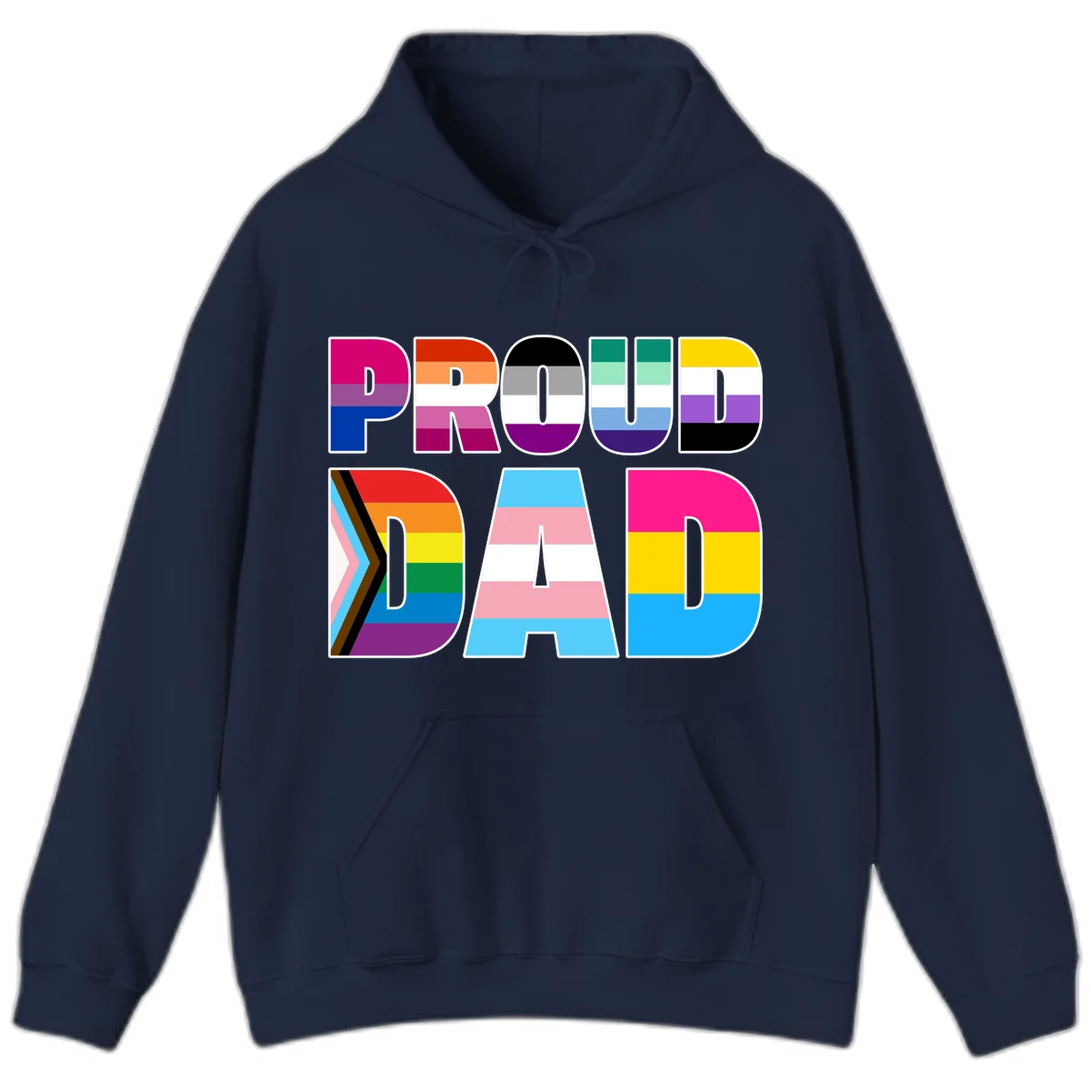 Large colorful letters spelling PROUD DAD filled with LGBTQ+ pride flag stripes including rainbow, trans, intersex, and asexual pride colors in Navy