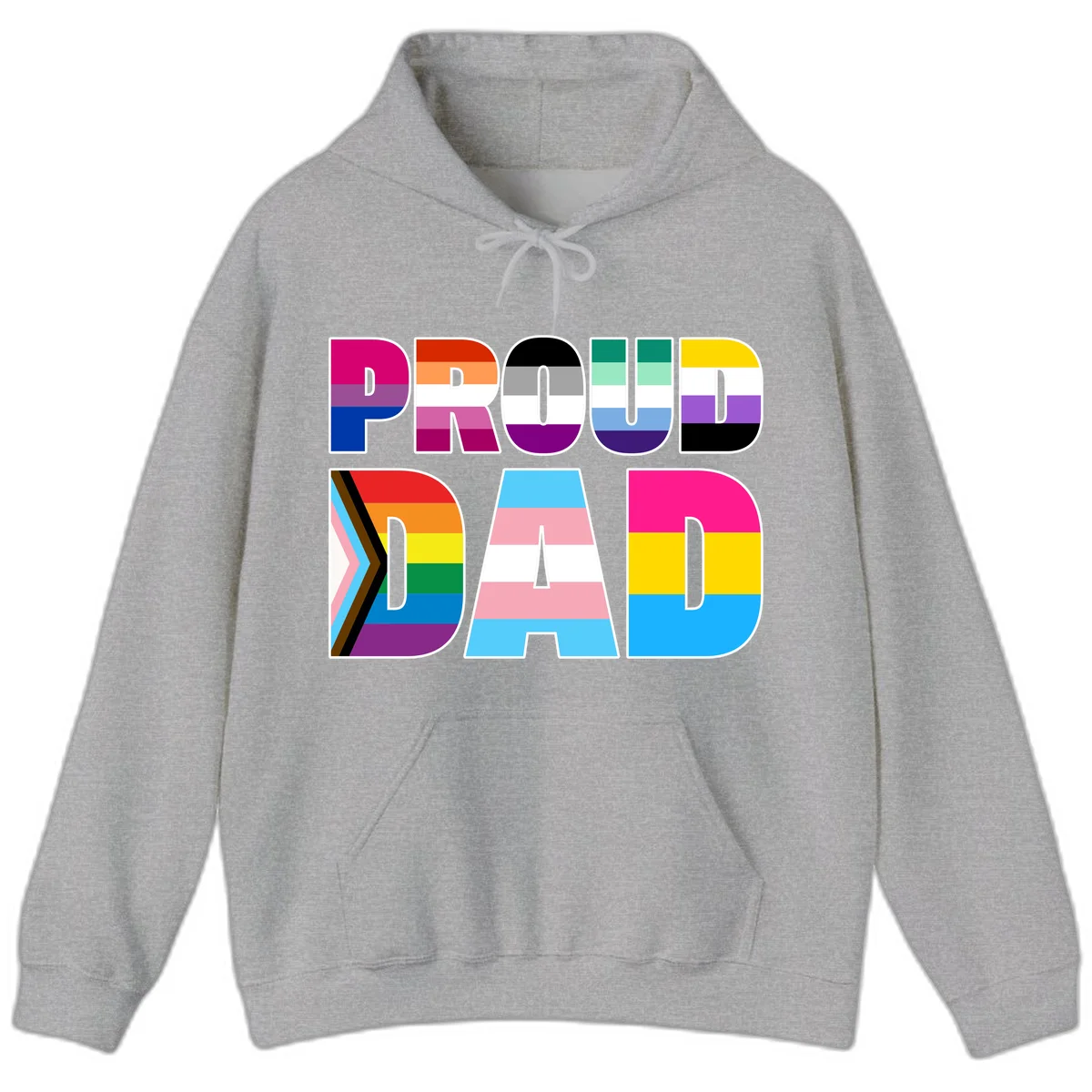 Large colorful letters spelling PROUD DAD filled with LGBTQ+ pride flag stripes including rainbow, trans, intersex, and asexual pride colors in Sport Grey