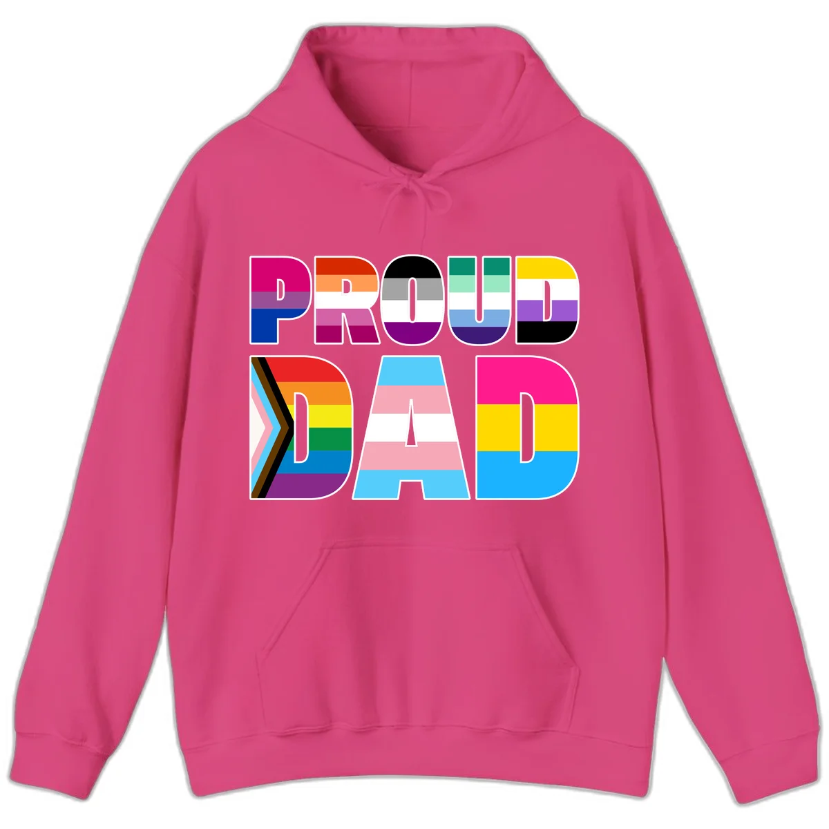 Large colorful letters spelling PROUD DAD filled with LGBTQ+ pride flag stripes including rainbow, trans, intersex, and asexual pride colors in Heliconia