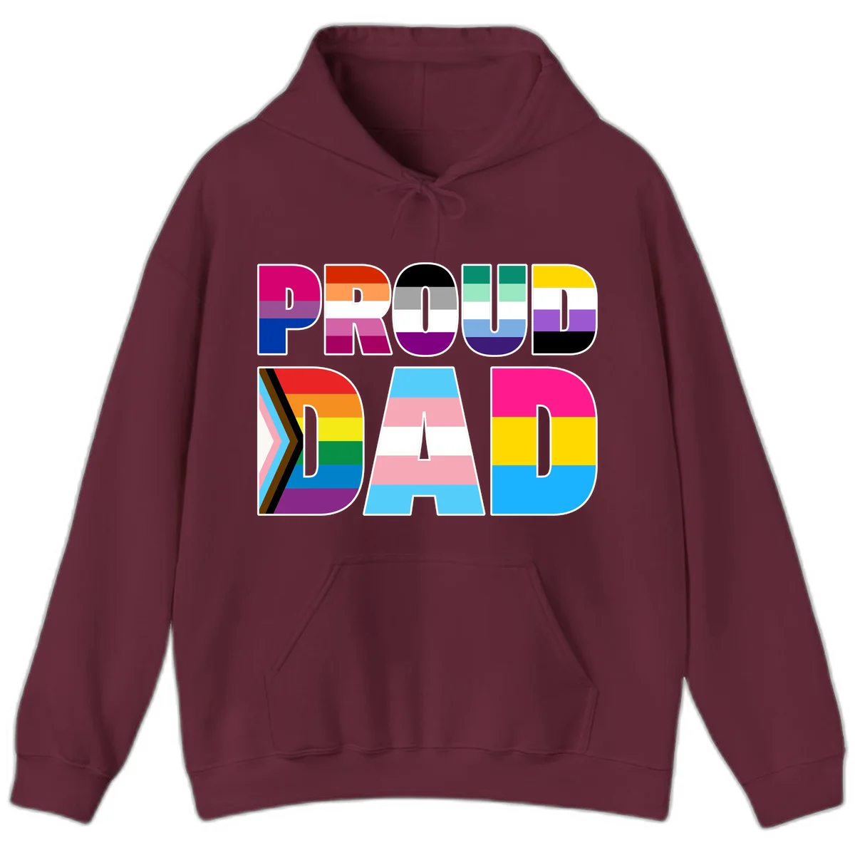Large colorful letters spelling PROUD DAD filled with LGBTQ+ pride flag stripes including rainbow, trans, intersex, and asexual pride colors in Maroon