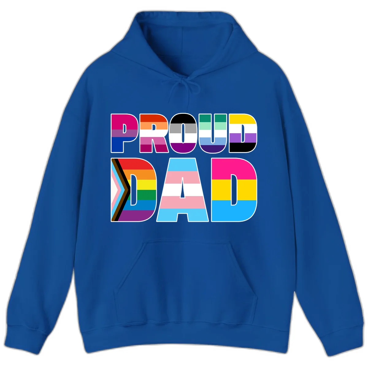 Large colorful letters spelling PROUD DAD filled with LGBTQ+ pride flag stripes including rainbow, trans, intersex, and asexual pride colors in Royal