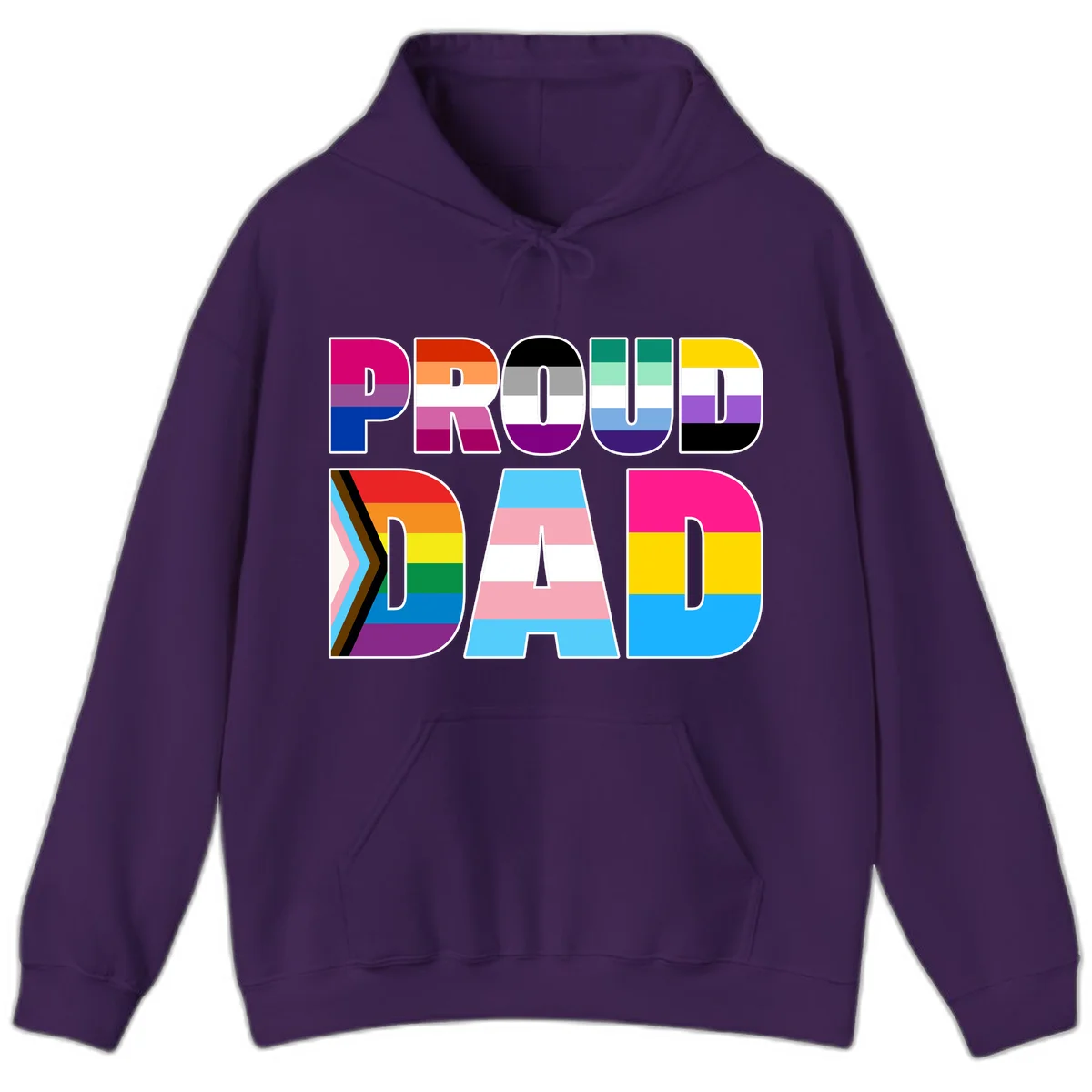 Large colorful letters spelling PROUD DAD filled with LGBTQ+ pride flag stripes including rainbow, trans, intersex, and asexual pride colors in Purple