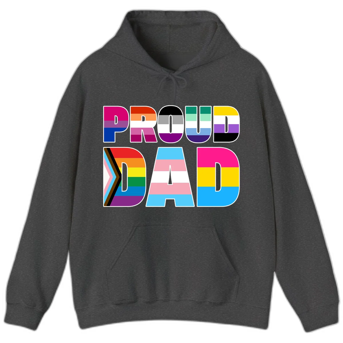 Large colorful letters spelling PROUD DAD filled with LGBTQ+ pride flag stripes including rainbow, trans, intersex, and asexual pride colors in Dark Heather
