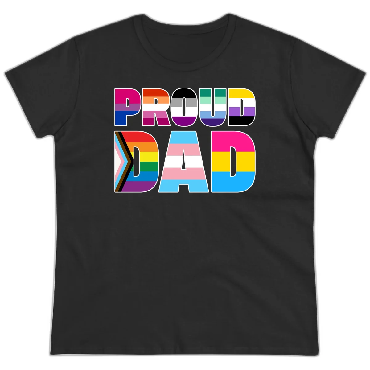 Large colorful letters spelling PROUD DAD filled with LGBTQ+ pride flag stripes including rainbow, trans, intersex, and asexual pride colors in Black