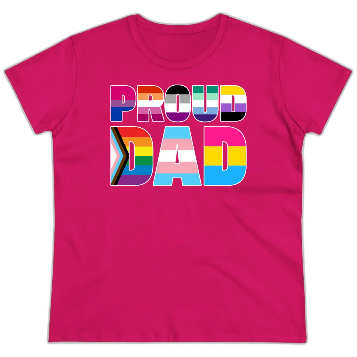 Large colorful letters spelling PROUD DAD filled with LGBTQ+ pride flag stripes including rainbow, trans, intersex, and asexual pride colors in Heliconia