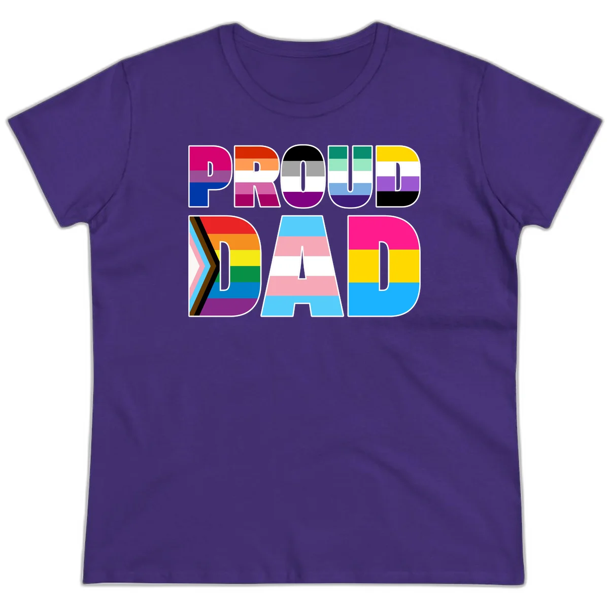Large colorful letters spelling PROUD DAD filled with LGBTQ+ pride flag stripes including rainbow, trans, intersex, and asexual pride colors in Purple