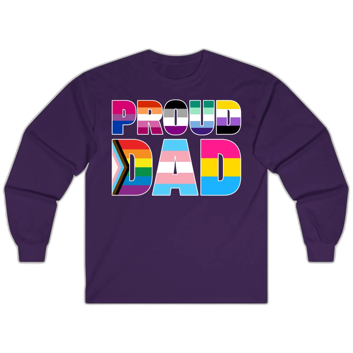 Large colorful letters spelling PROUD DAD filled with LGBTQ+ pride flag stripes including rainbow, trans, intersex, and asexual pride colors in Purple