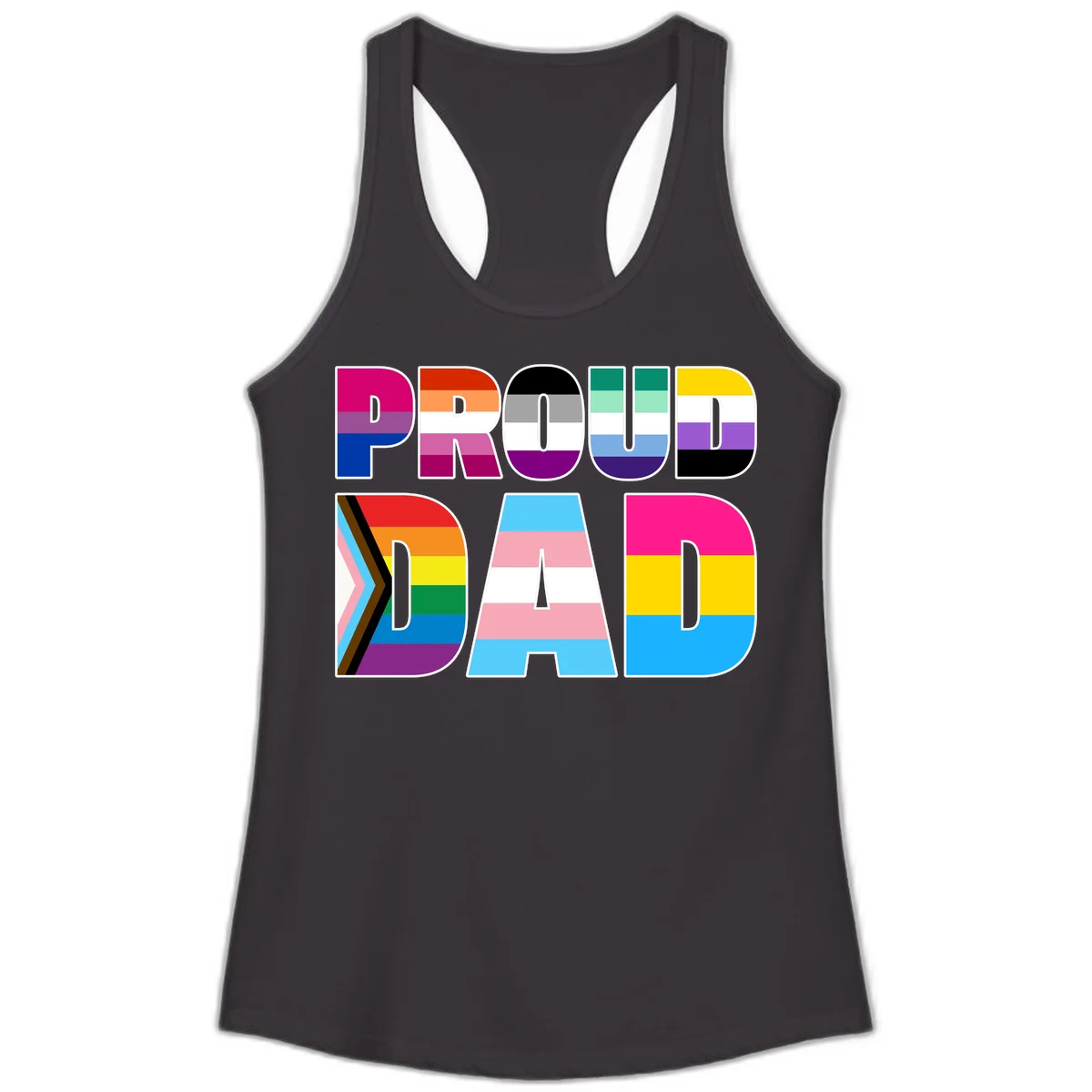 Large colorful letters spelling PROUD DAD filled with LGBTQ+ pride flag stripes including rainbow, trans, intersex, and asexual pride colors in Black