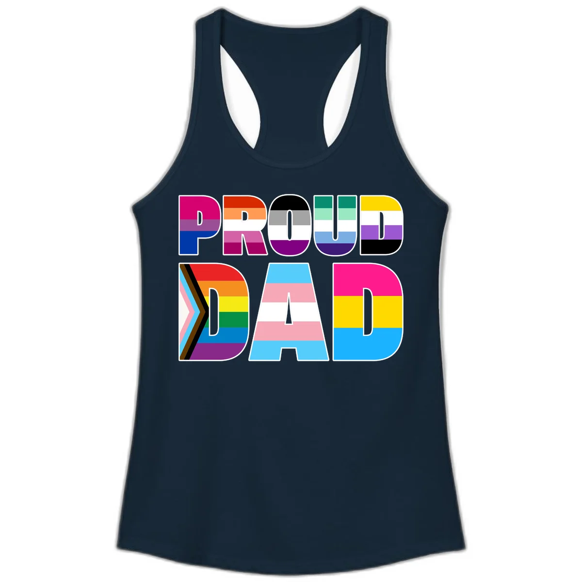 Large colorful letters spelling PROUD DAD filled with LGBTQ+ pride flag stripes including rainbow, trans, intersex, and asexual pride colors in Solid Midnight Navy